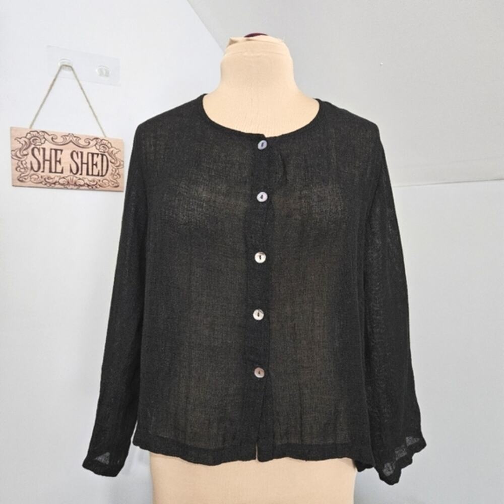 CTC Linens Womens Black Linen Nylon Blend Top Button Front Long Sleeve Small